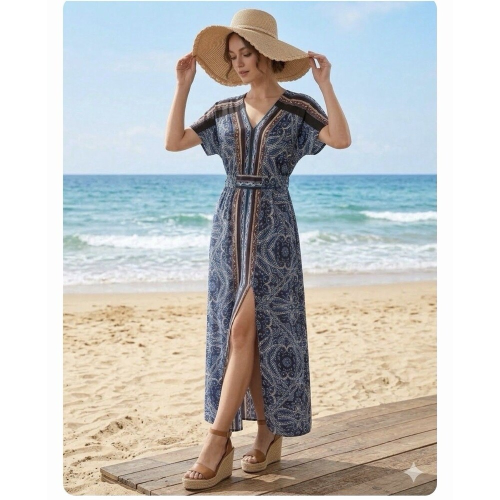 Cato Maxi Dress Womens Sz M Blue Paisley Print Front Slit V-Neck Boho Romantic